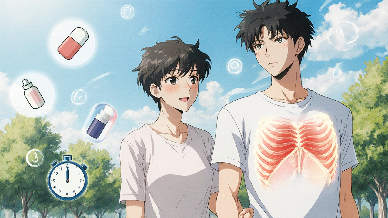 A man and partner stand in a park as glowing pelvic muscles symbolize lasting control, with medical icons fading away in retro anime style.