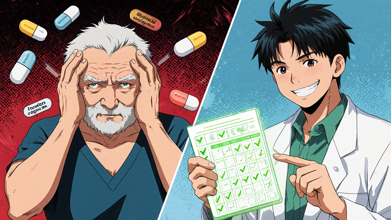 A man experiencing dizziness from medication interactions, then smiling with a simplified pill organizer.