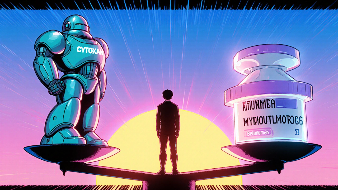 A medical scale balanced between Cytoxan and newer drugs with a patient at the center in retro anime art.