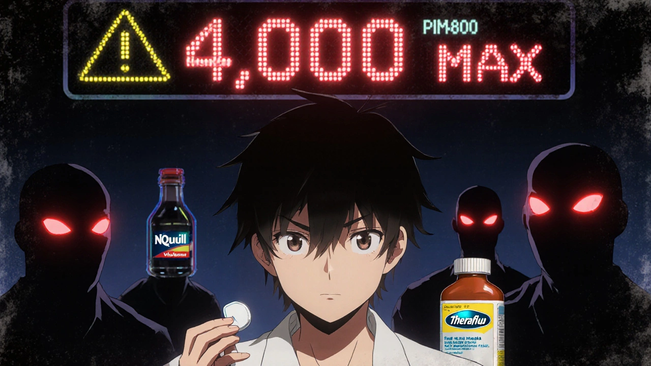 A person realizing hidden paracetamol sources as a digital overdose counter glows above them.