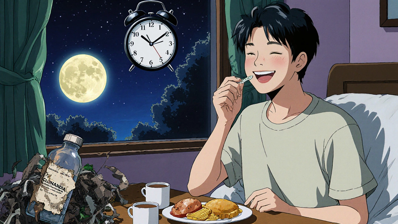 A teen taking Guanfacine in the morning, smiling as a peaceful night falls outside his window.