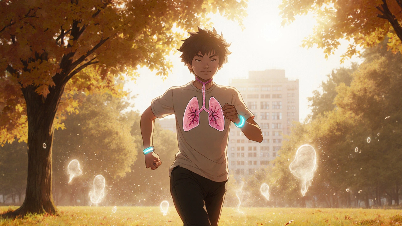A transplant survivor running in a park as fungal spores fade away behind them, symbolizing recovery.