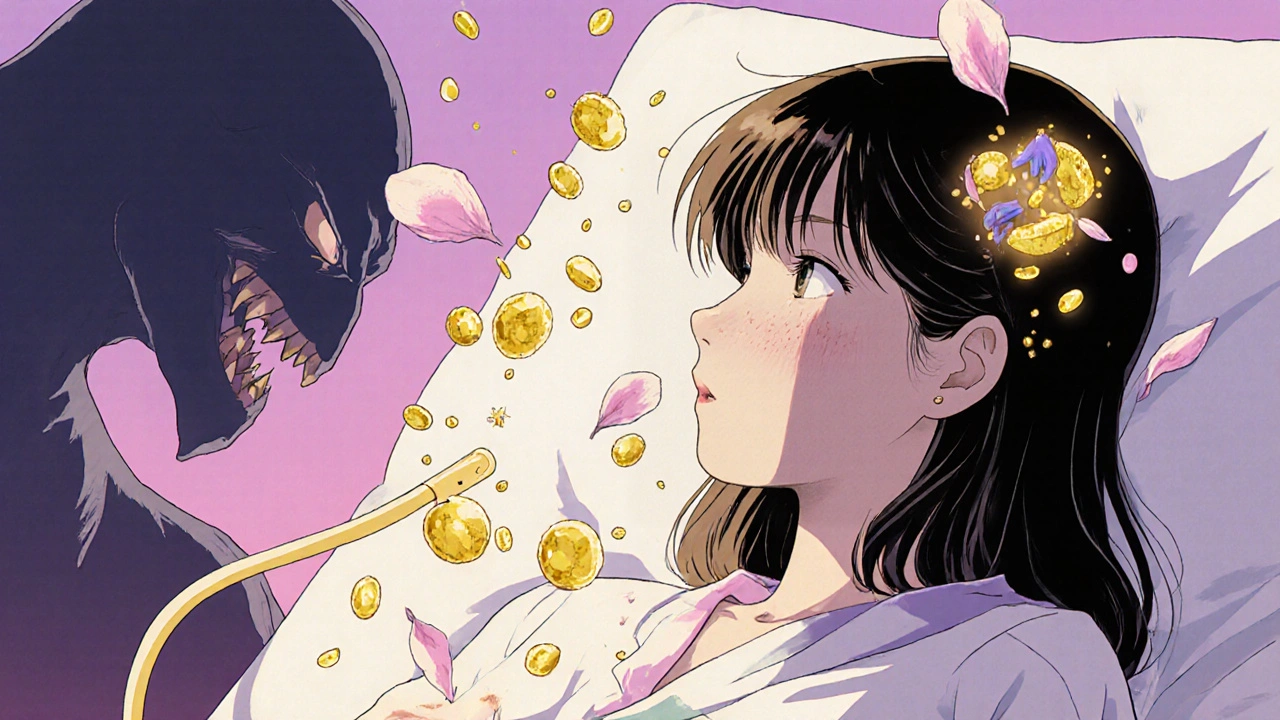 A woman receiving Rituximab infusion as B-cells dissolve and hair grows back in manga style.