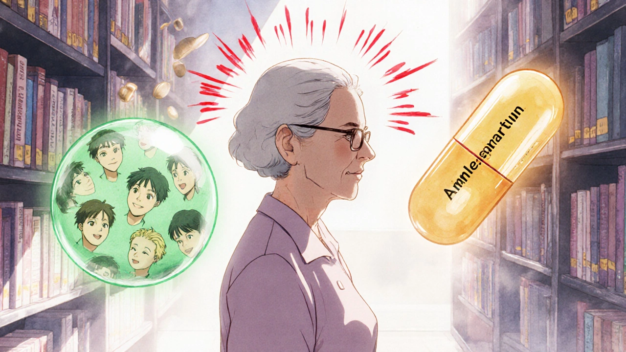 An elderly woman walking in a library as memories glow around her, protected by two healing pills.