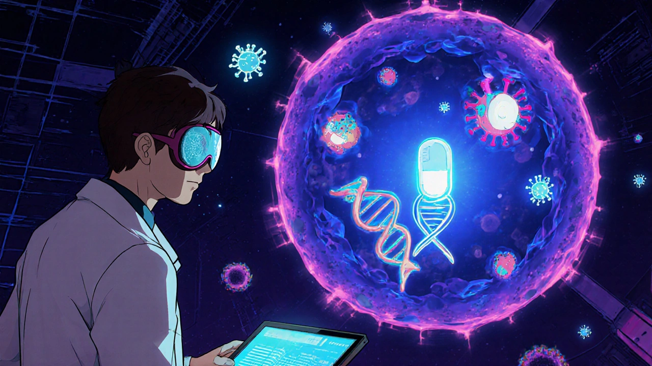 Animated cell showing acyclovir halting viral DNA replication.