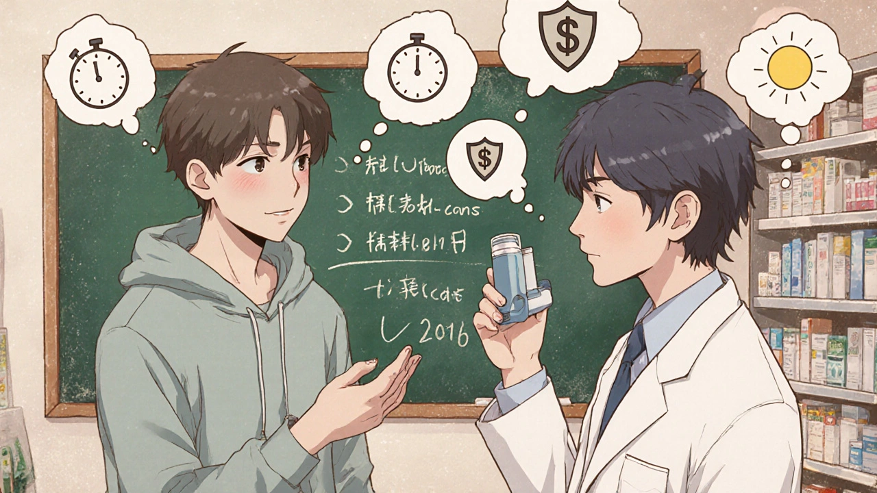 Anime panel of a patient learning inhaler technique with thought bubbles of pros and cons.