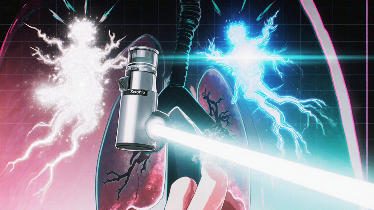 Anime-style lung interior with glowing spirits showing fluticasone and salmeterol action.