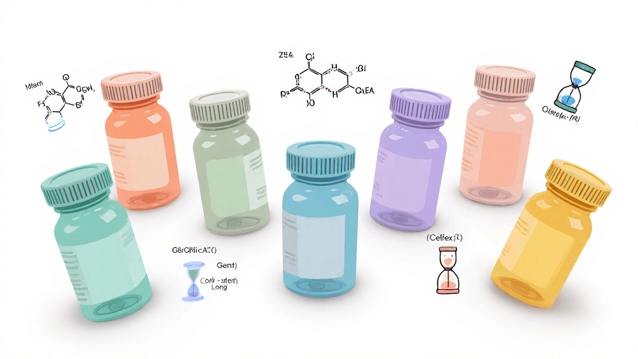 Assortment of pastel‑colored medication bottles with chemical sketches and hourglass icons.
