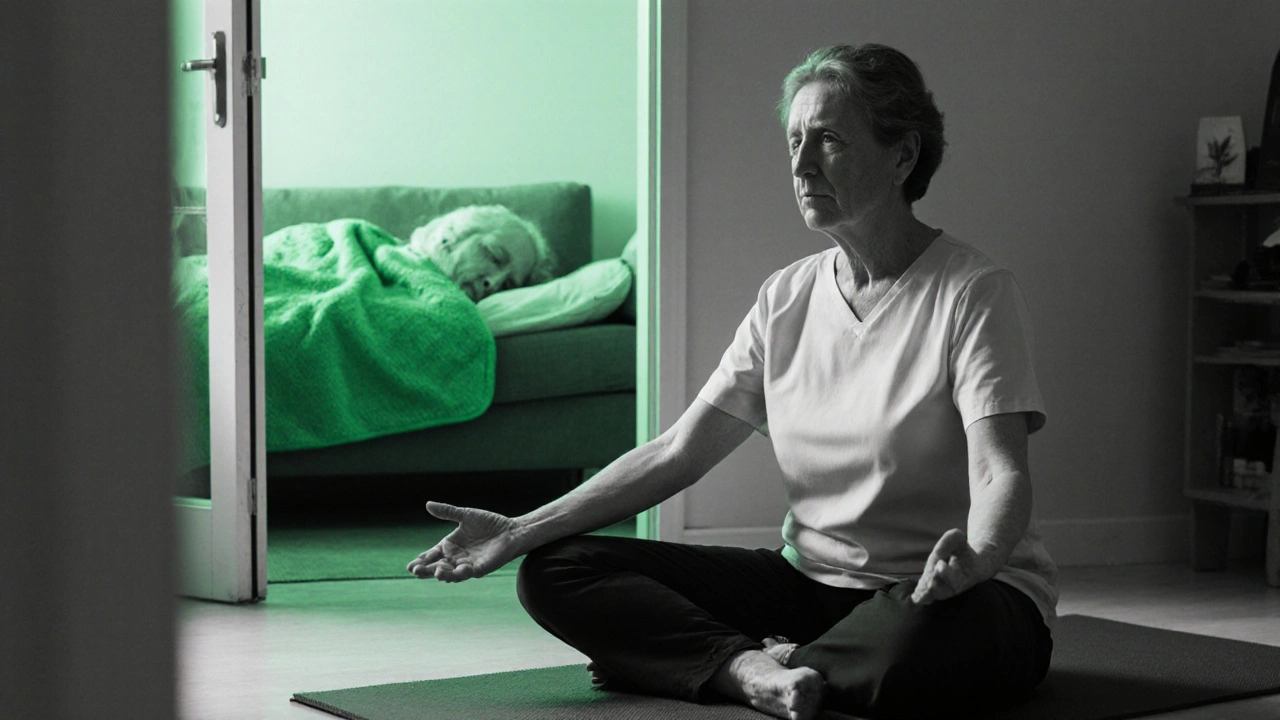 Caregiver does yoga in a quiet corner while the dementia patient sleeps peacefully.