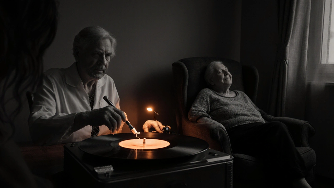 Caregiver plays a record while a dementia patient relaxes, bathed in amber light.