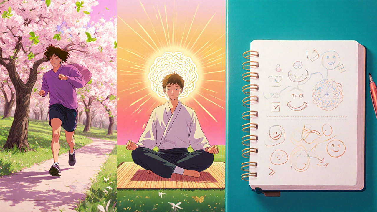 Character jogging, meditating, and writing in a mood journal in a bright park.