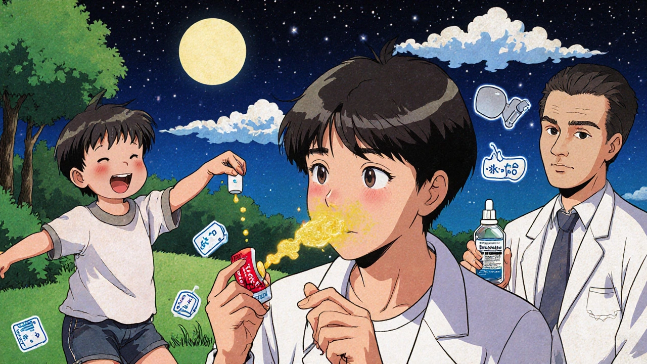 Child taking Claritin, person using nasal spray, and doctor with allergy shot under moonlit sky.