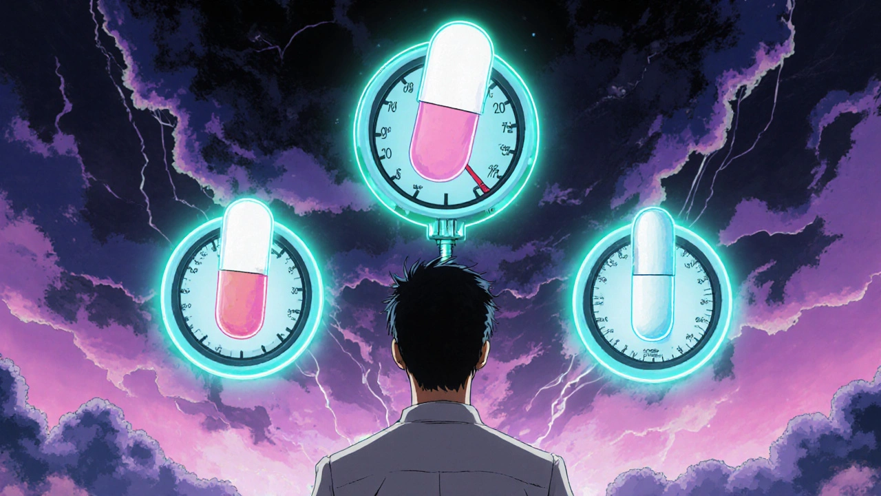 Clonidine pill causing a blood pressure spike, surrounded by glowing alternatives offering calm.