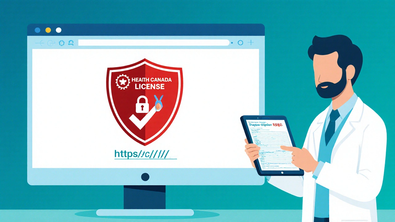 Close‑up of a monitor showing Health Canada licence badge and pharmacist reviewing prescription.