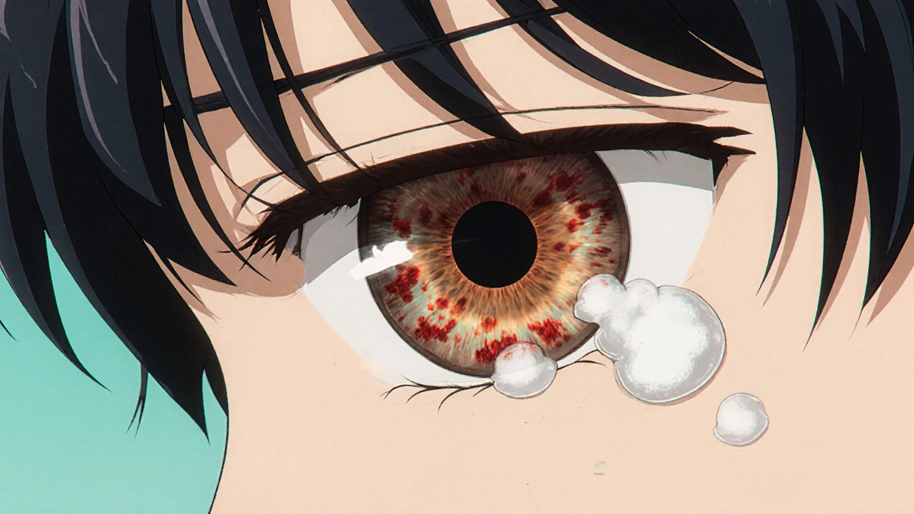 Close‑up of eye showing copper ring, retinal spots, and dry surface.