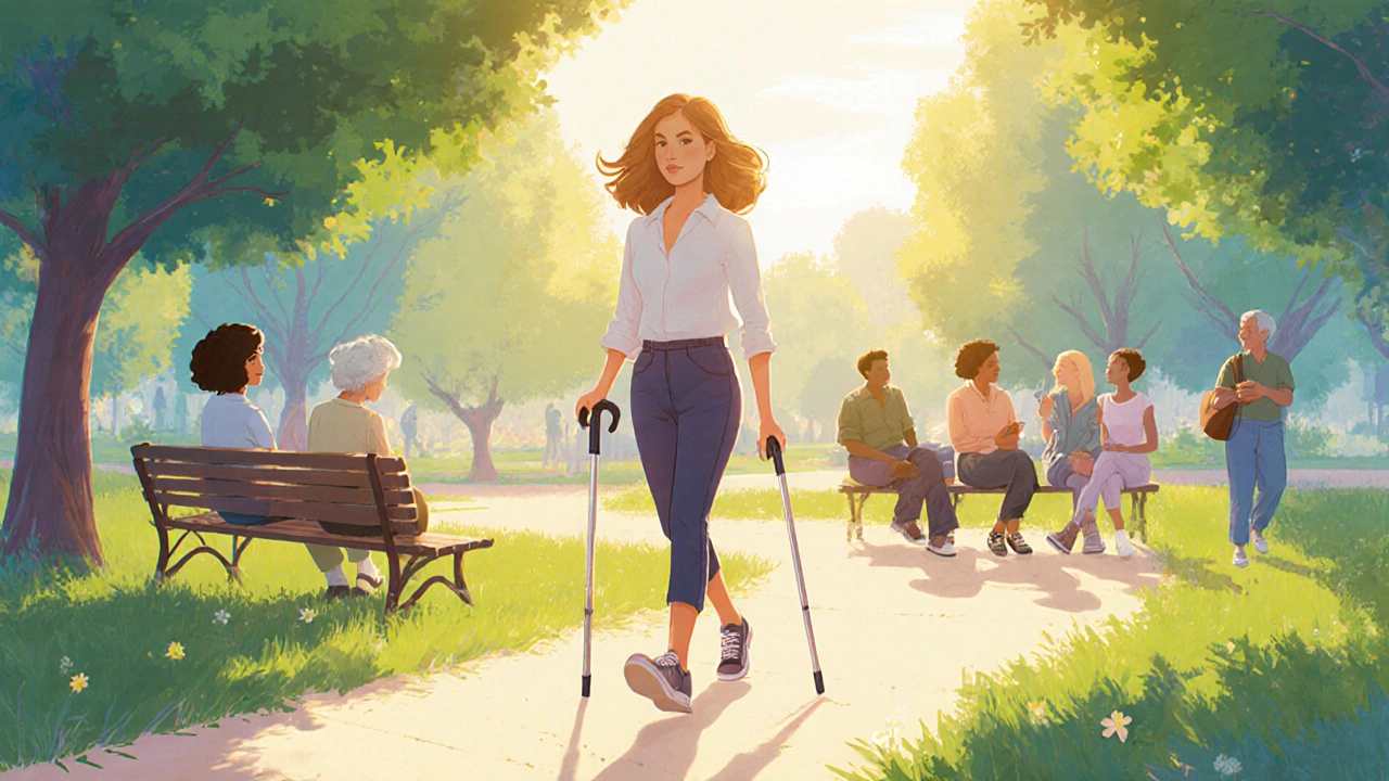 Confident woman walking in a sunny park with a supportive community nearby.