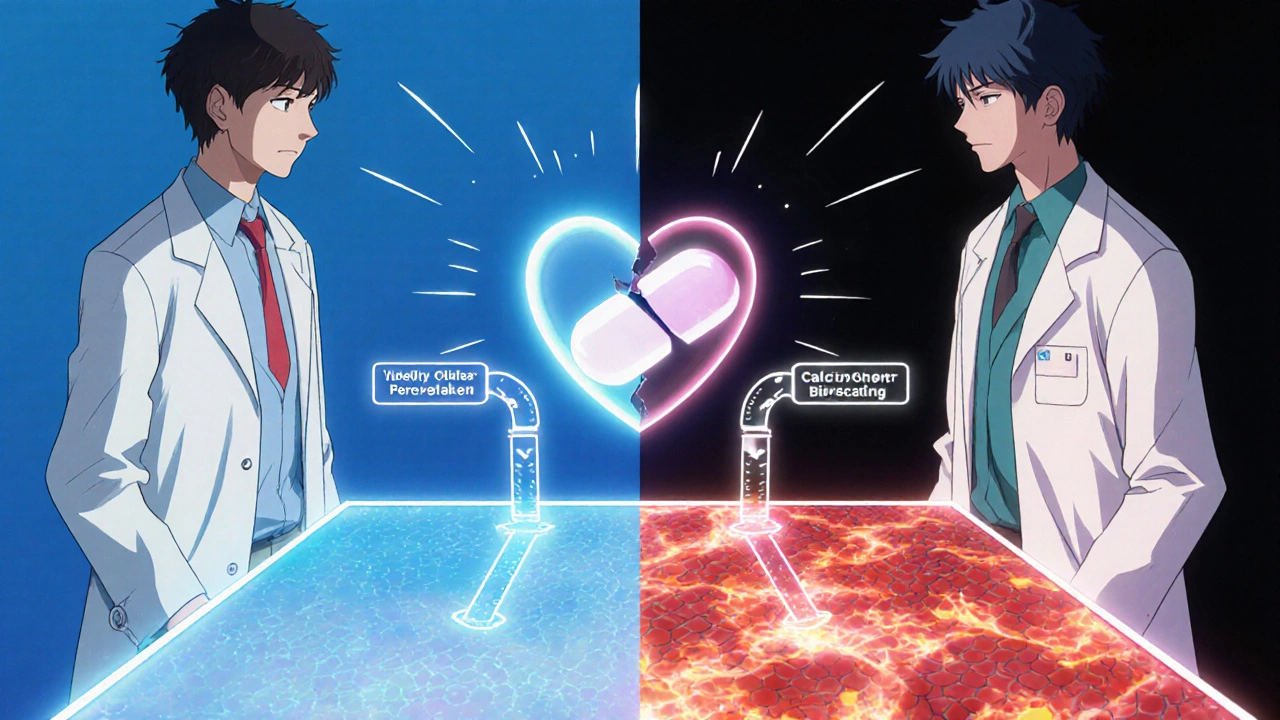 Dermatologist and cardiologist facing off over split-screen skin and heart health, beta-blocker pill cracking between them