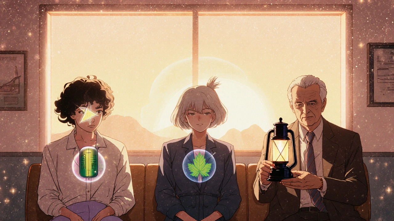 Diverse patients in a clinic, each with visual auras representing their cholesterol medications in retro anime style.