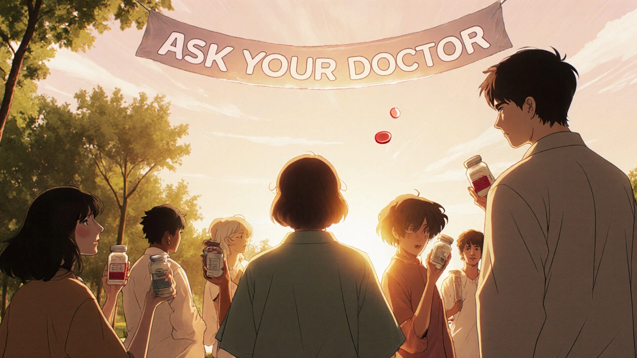 Diverse patients in park holding new medications, psoriasis healing as old beta-blocker pill dissolves in wind