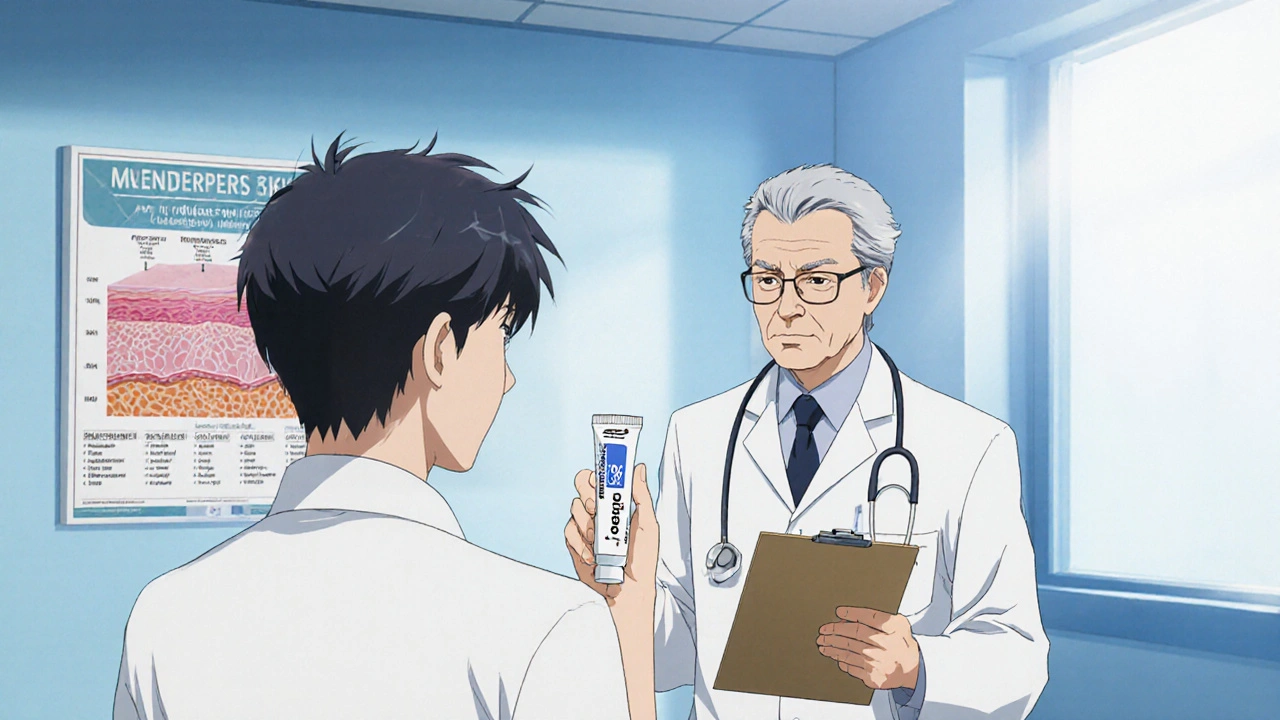 Doctor and patient discussing a clobetasol prescription.