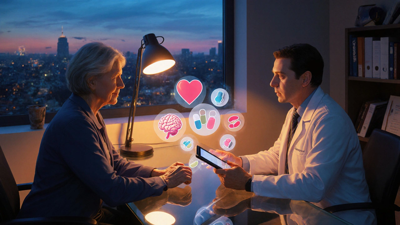 Doctor and patient discussing antidepressant options over a tablet in a warmly lit office.