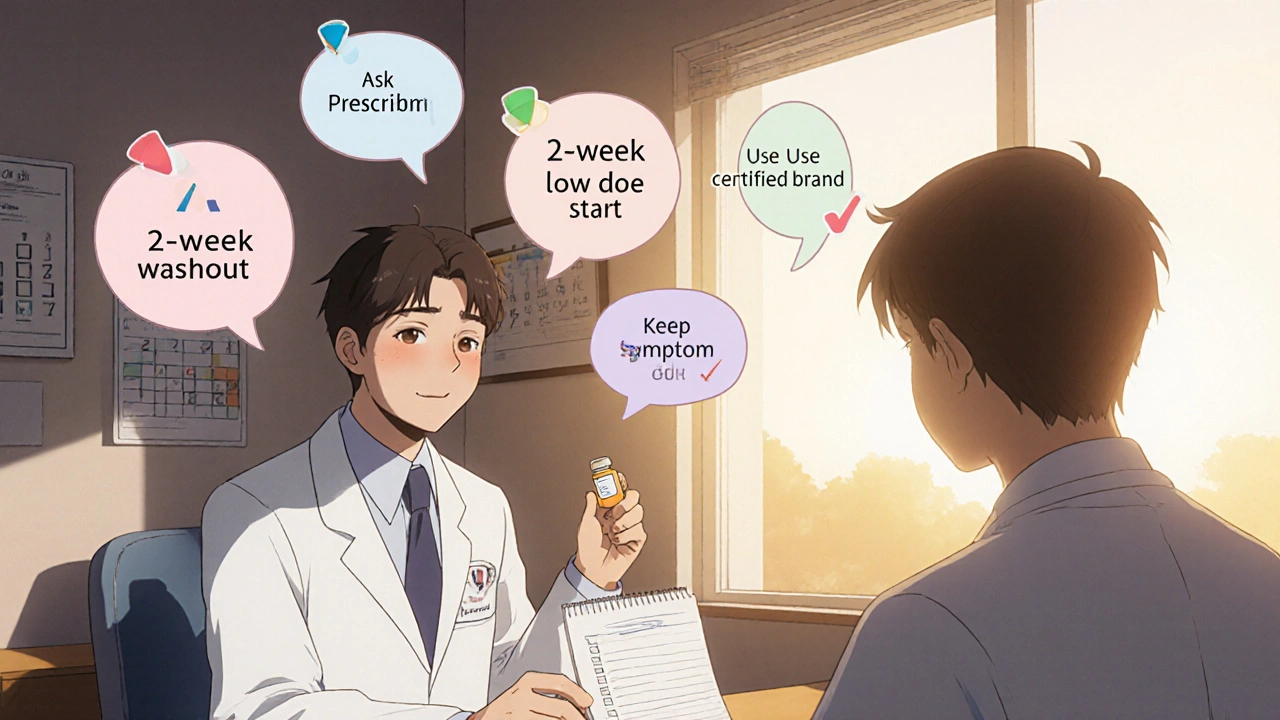 Doctor and patient reviewing a floating checklist for safe 5‑HTP and SSRI use.