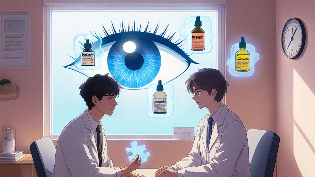 Doctor and patient with floating eye drop icons, glowing eye in background