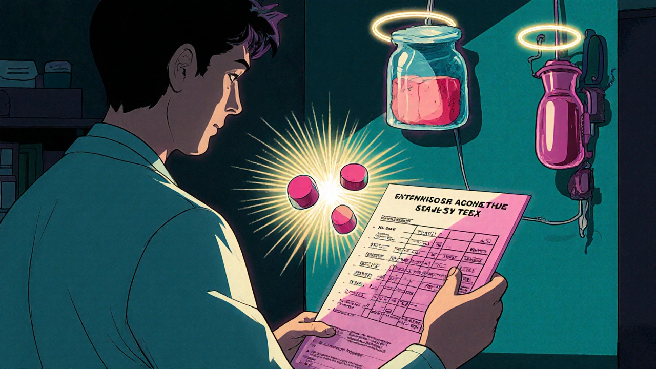 Doctor and pharmacist monitoring voriconazole and immunosuppressant drug interactions with glowing medical data.