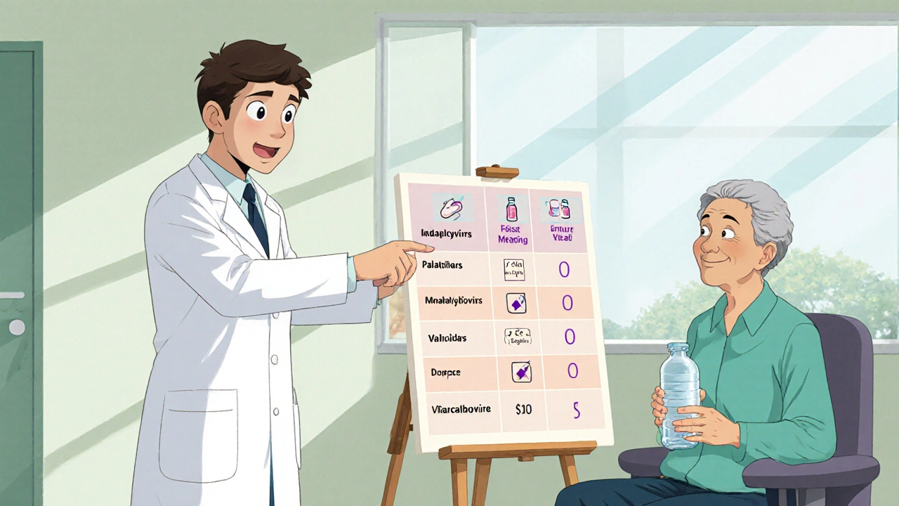 Doctor explaining antiviral comparison chart to a patient in a clinic.