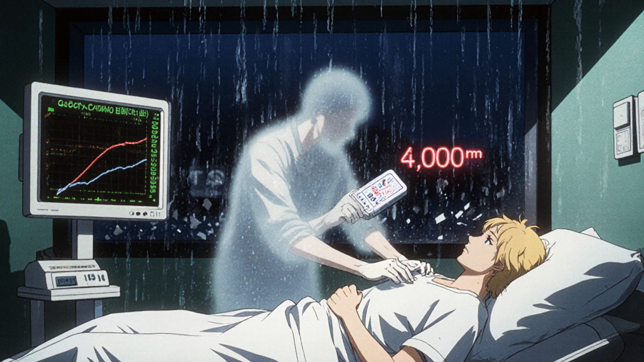 Doctor giving IV antidote in ER as a ghostly figure of an overdose shatters.