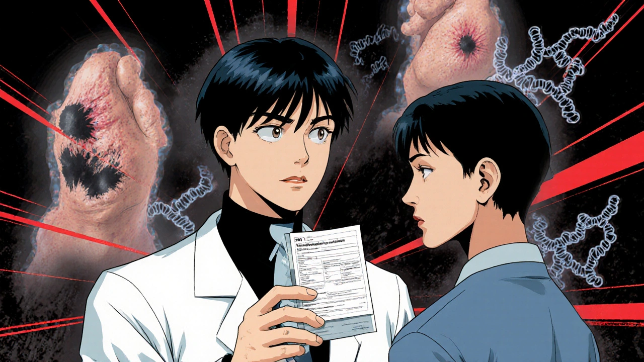 Doctor giving prescription as ghostly images of skin damage and DNA mutations appear in background.