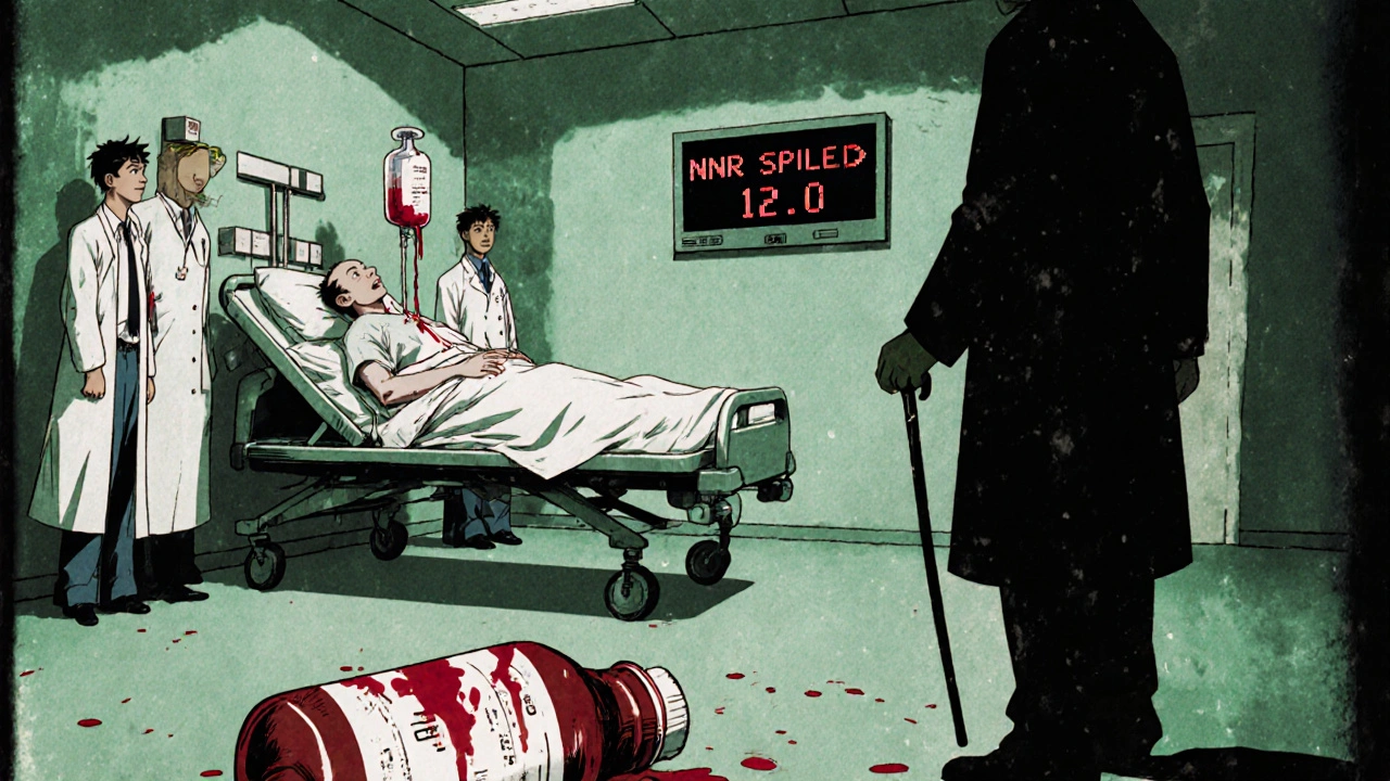 ER scene with transfusion and spiked INR reading, NSAID bottle rolling away as doctors react in shock.