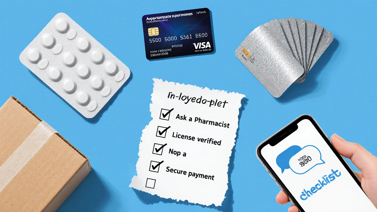 Flat lay of a Tylenol blister pack, shipping box, credit card, coupon paper, and phone with chat icon.