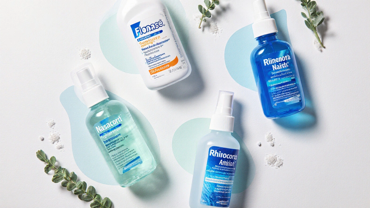 Flat lay of four nasal spray bottles with subtle ingredient outlines.