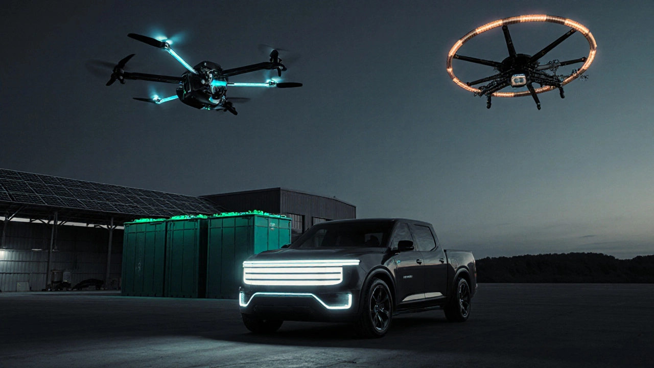 Futuristic scene with an electric truck, warehouse battery banks, and a drone, all in monochrome with limited color highlights.