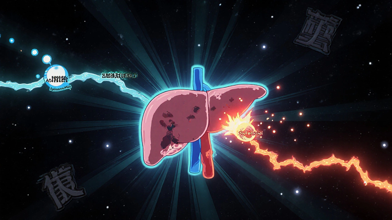 Glowing liver with two pathways, one calm and one spewing toxic particles.