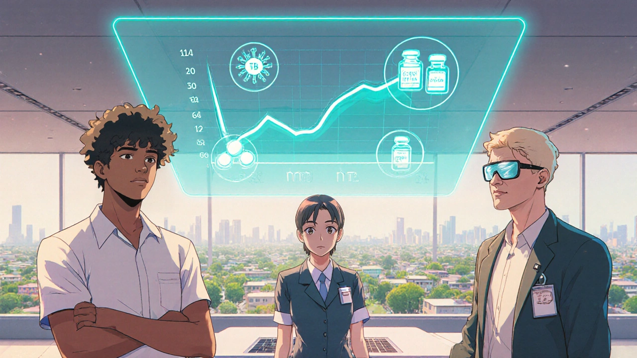 Group of youths and health workers view a holographic dashboard showing dropping TB rates in a retro anime future.