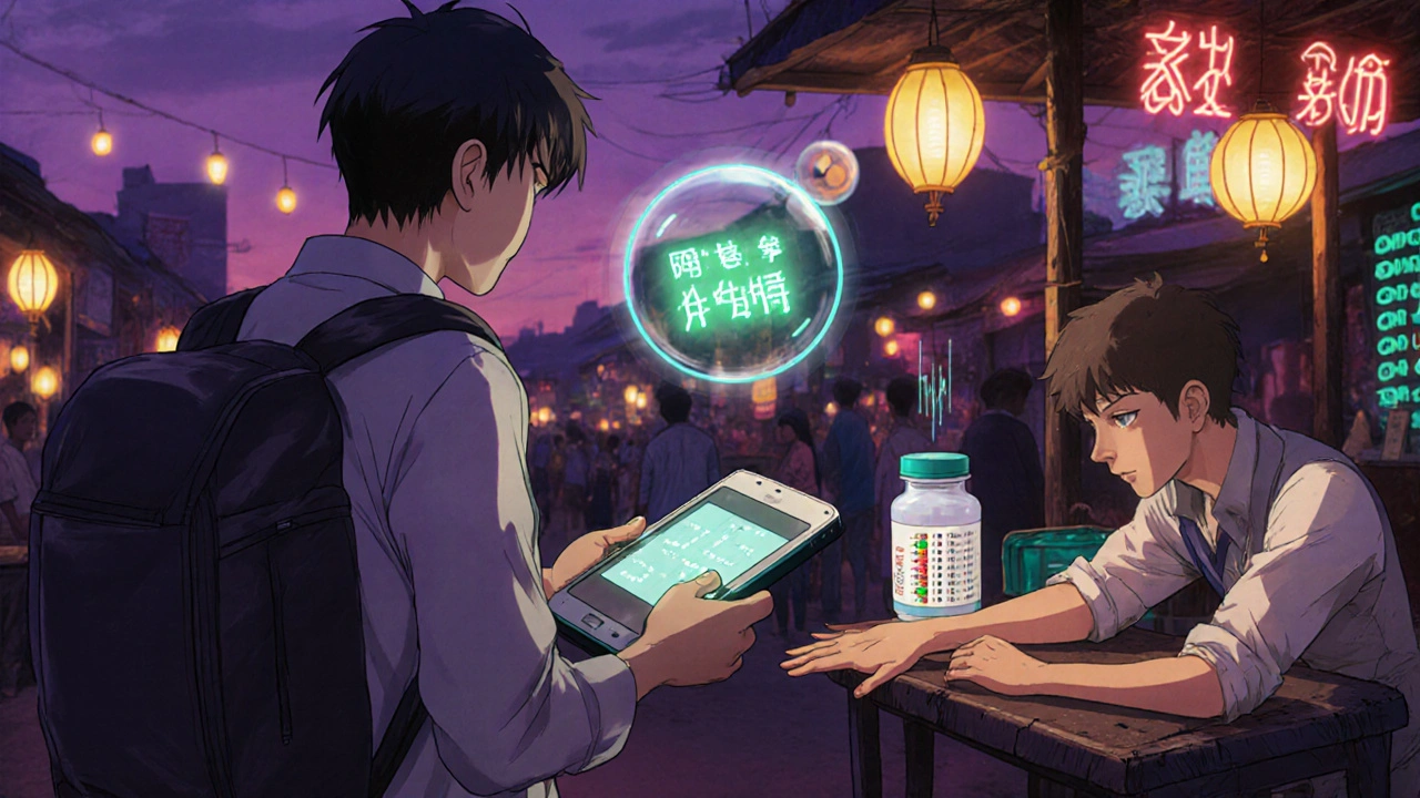 Health worker uses a handheld CRISPR TB test on a market stall, with a glowing readout and smart pill bottle.