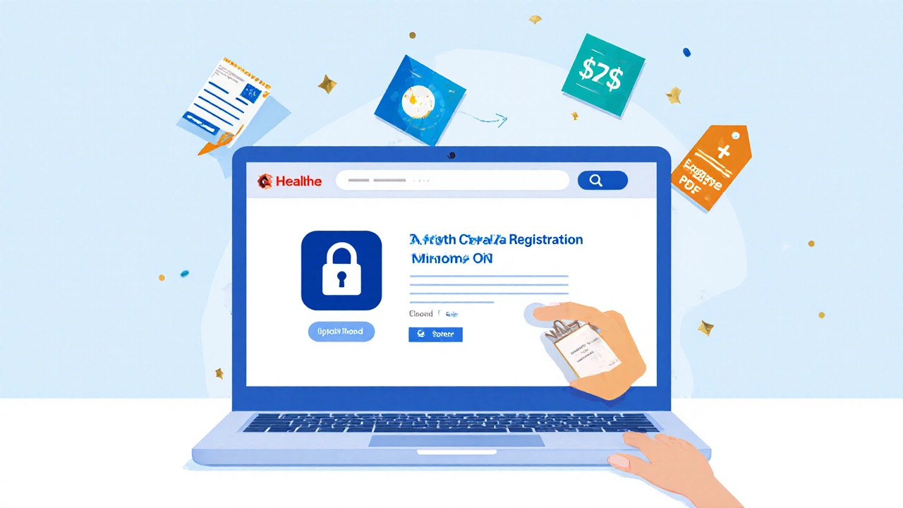 Illustration of a laptop showing a secure pharmacy site, hand holding a prescription upload, and floating pharmacy logos.