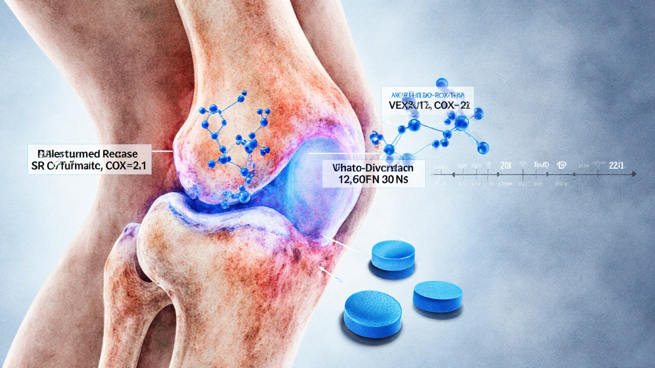 Illustration of inflamed knee joint with COX enzymes blocked by diclofenac tablets.