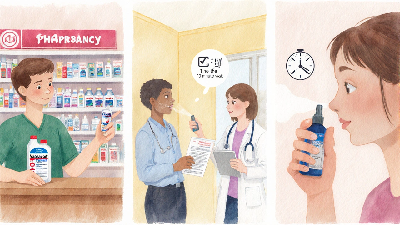 Illustration of pharmacy, doctor visit, and proper spray technique.