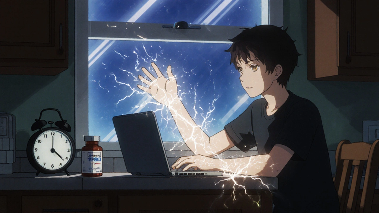 Individual at a window with glowing UVA rays damaging skin while taking medication.