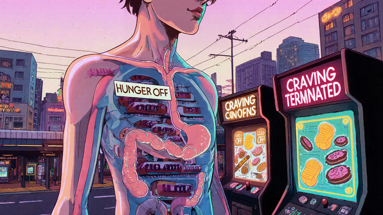 Internal body as a retro anime city where GLP-1 trains slow digestion and shut off food cravings in the brain.