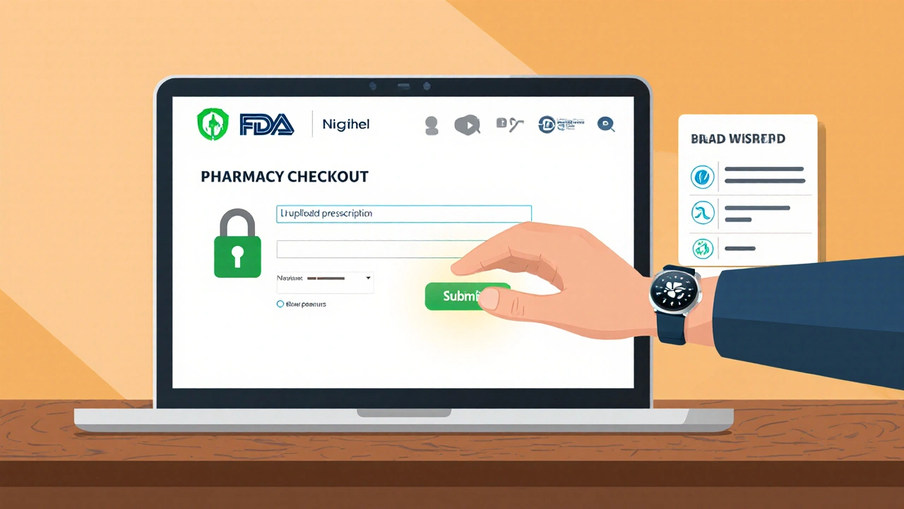 Laptop screen showing a secure pharmacy checkout with prescription upload.
