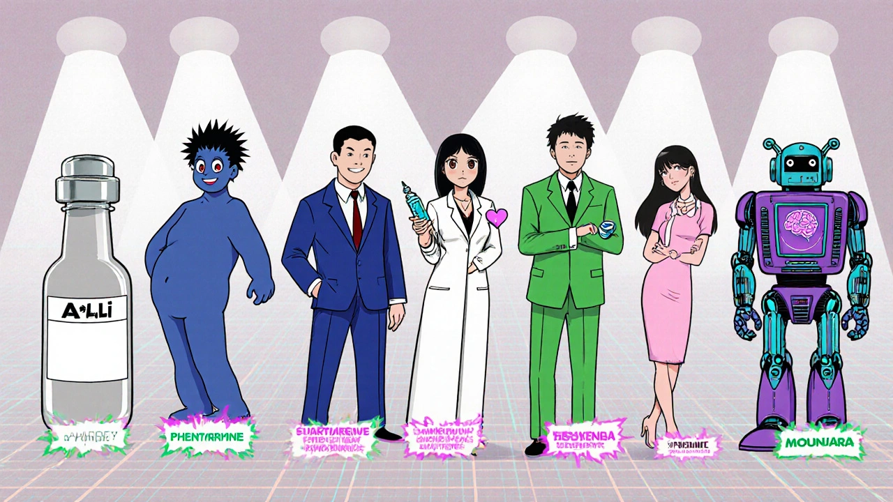 Lineup of anime characters each representing a different weight‑loss drug.