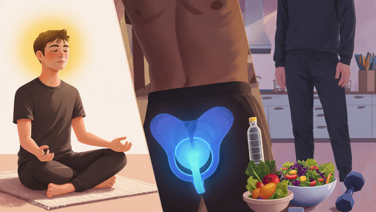 Man practicing meditation, pelvic‑floor exercise, and healthy cooking in a warm, calming scene.