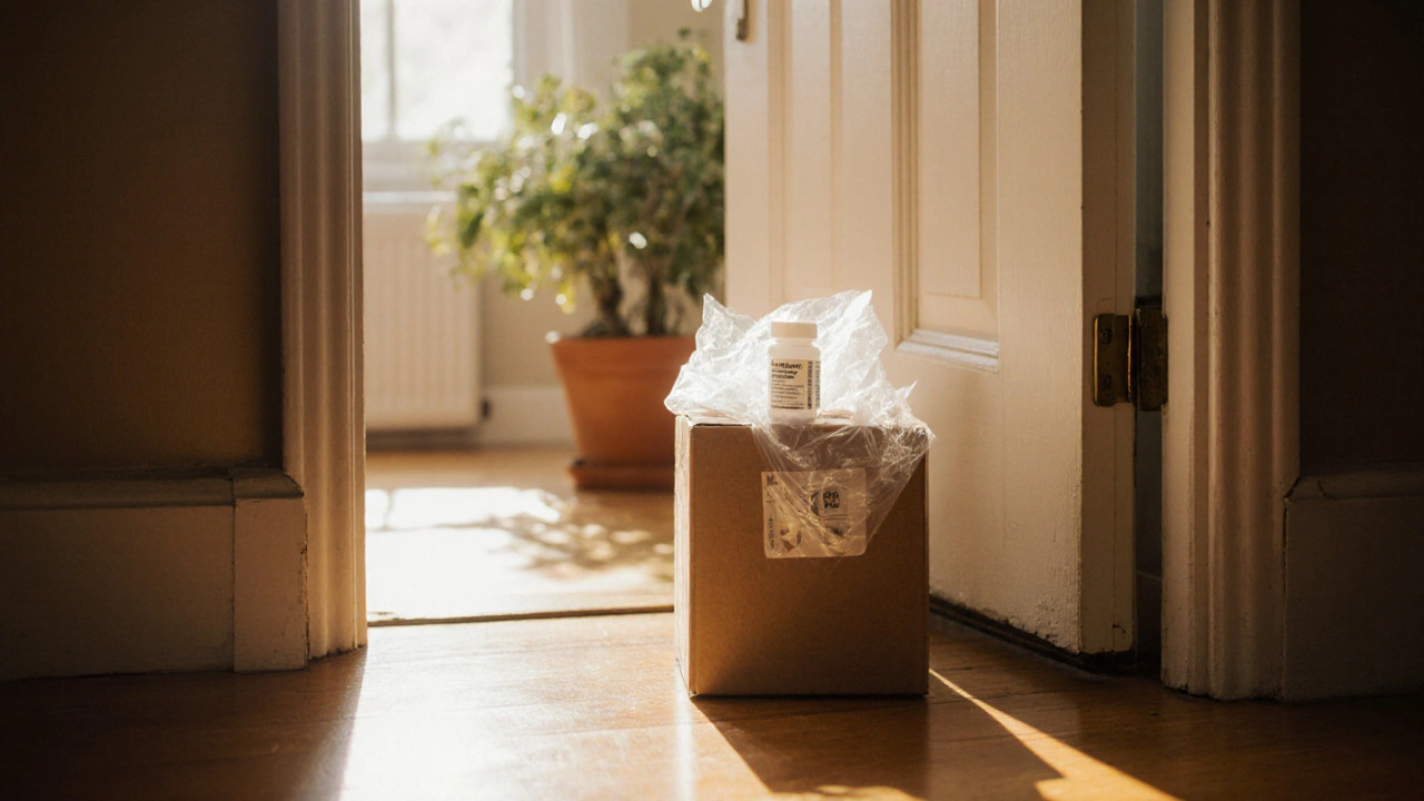 Opened door with delivery box revealing a pill bottle, bathed in warm sunlight.