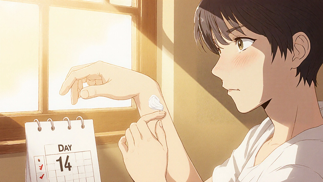 Patient applying cream correctly at home with a calendar.