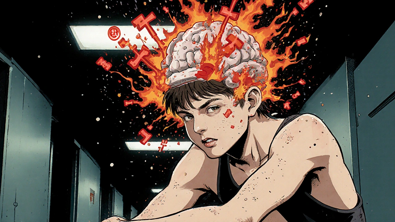 Person experiencing sweating, tremor, and internal serotonin overload depicted as explosions.
