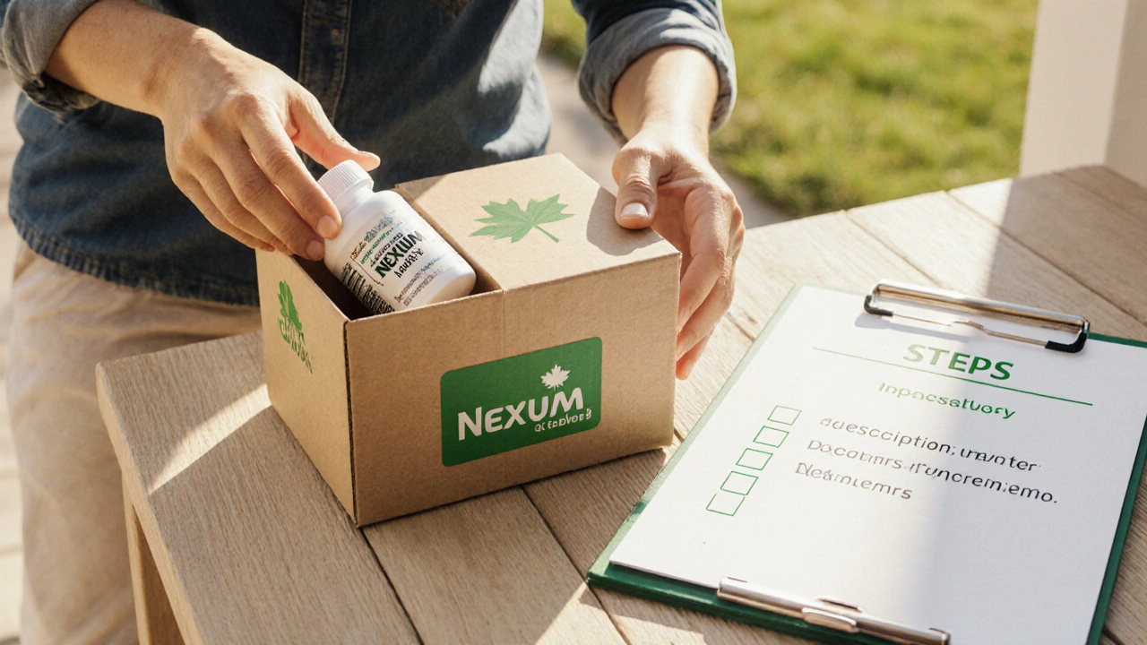 Person opening a parcel on a porch, revealing a sealed generic Nexium bottle with a checklist nearby.